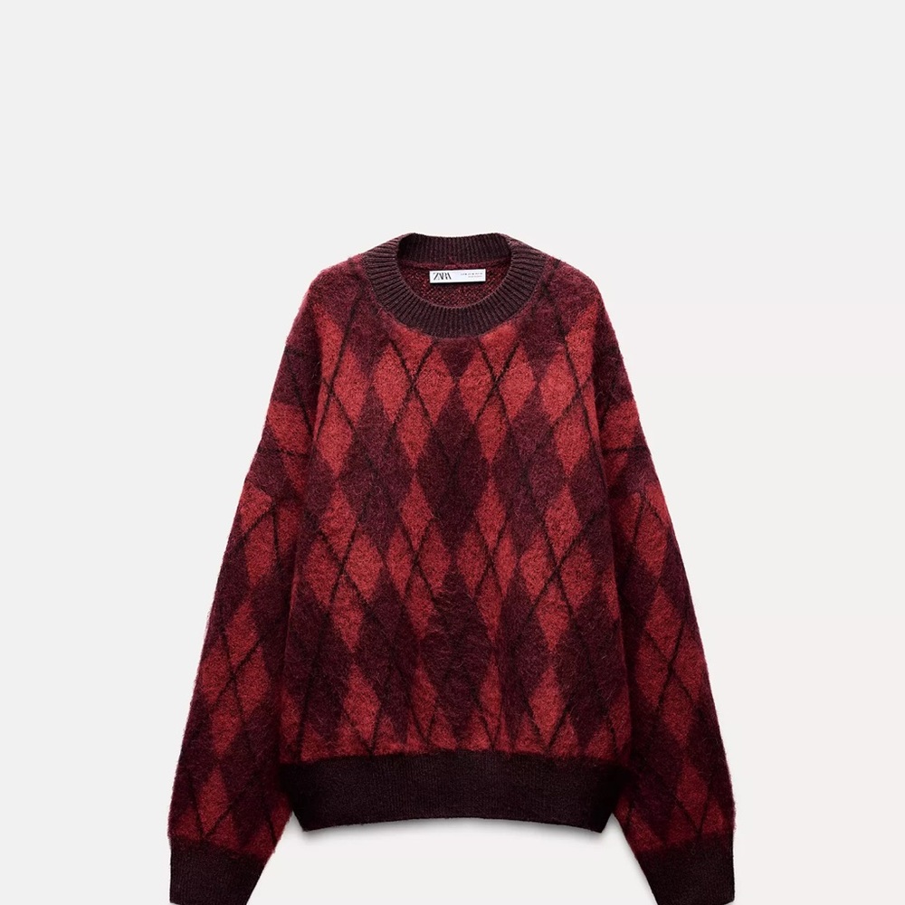 Zara Women’s Burgundy Argyle Crewneck Sweater